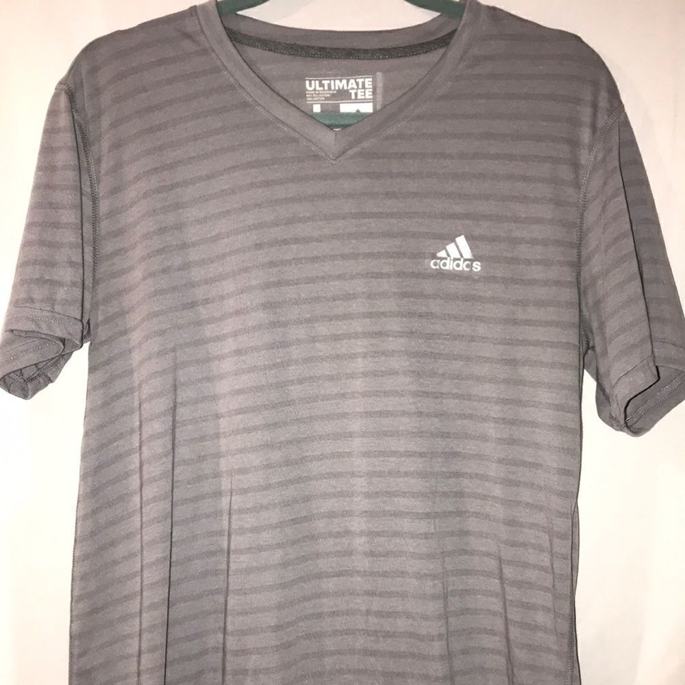 Adidas Ultimate Tee Mens Large Grey Striped Climalite V-Neck Athletic Shirt